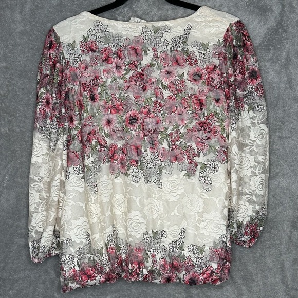 Ember L Large Top Shirt Pink Ivory Flower Floral V Neck 3/4 Sleeve Lace Stretch - Picture 7 of 7